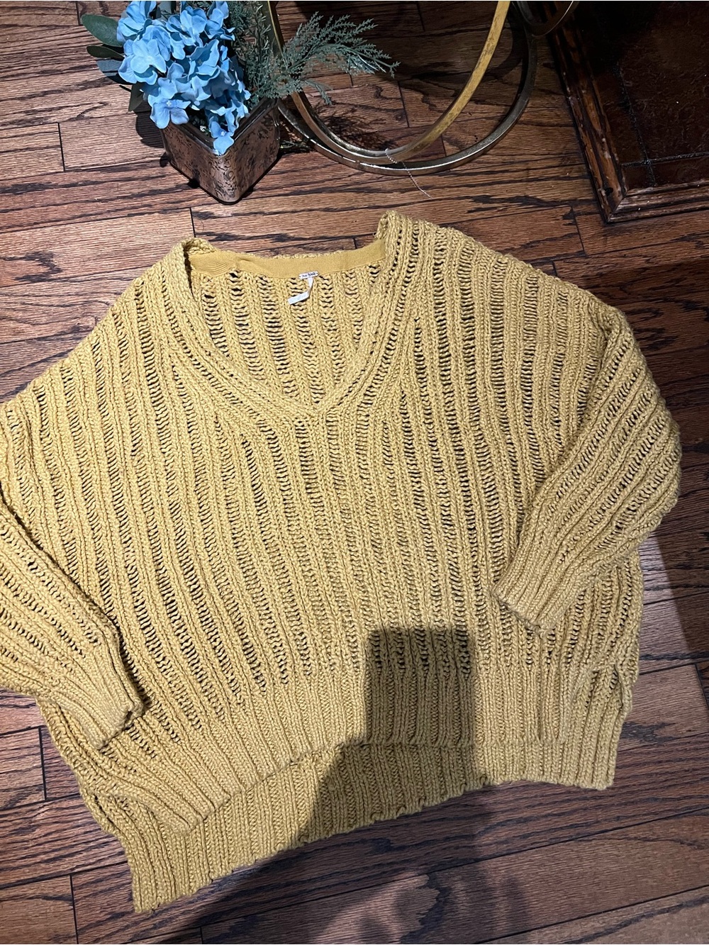 Free People Open-Knit V-Neck Sweater in Mustard